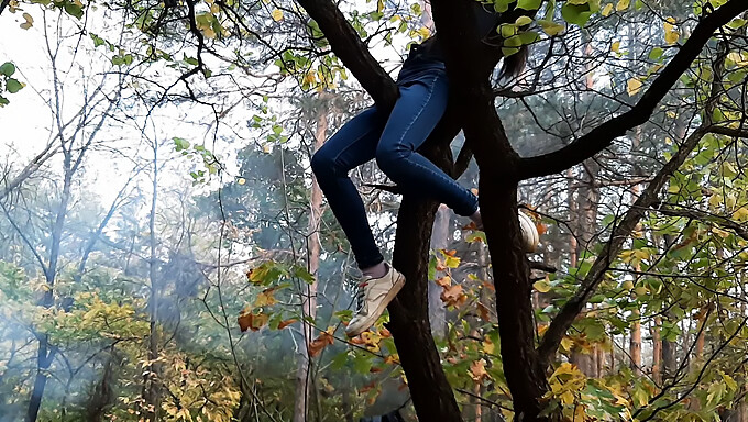 Brünette Klettert Auf Einen Baum Für Öffentliches, Bekleidetes Reiben